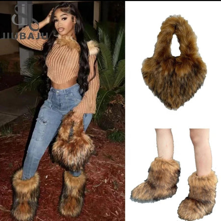 (Free Shipping)(Tariffs included in price) Girls Fluffy Faux Fox Fur Boots Winter Woman Plush Warm Snow Bootas Luxury Footwear Furry Fur Boots