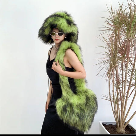(Free Shipping)(Tariffs included in price)Designer Women's Luxury Furry Racoon Handbag Faux Fur Hat and Bag