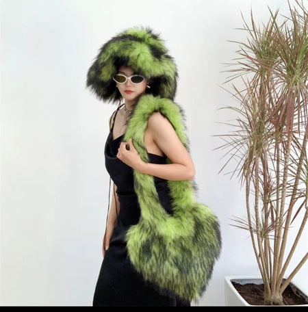 (Free Shipping)(Tariffs included in price)Designer Women's Luxury Furry Racoon Handbag Faux Fur Hat and Bag
