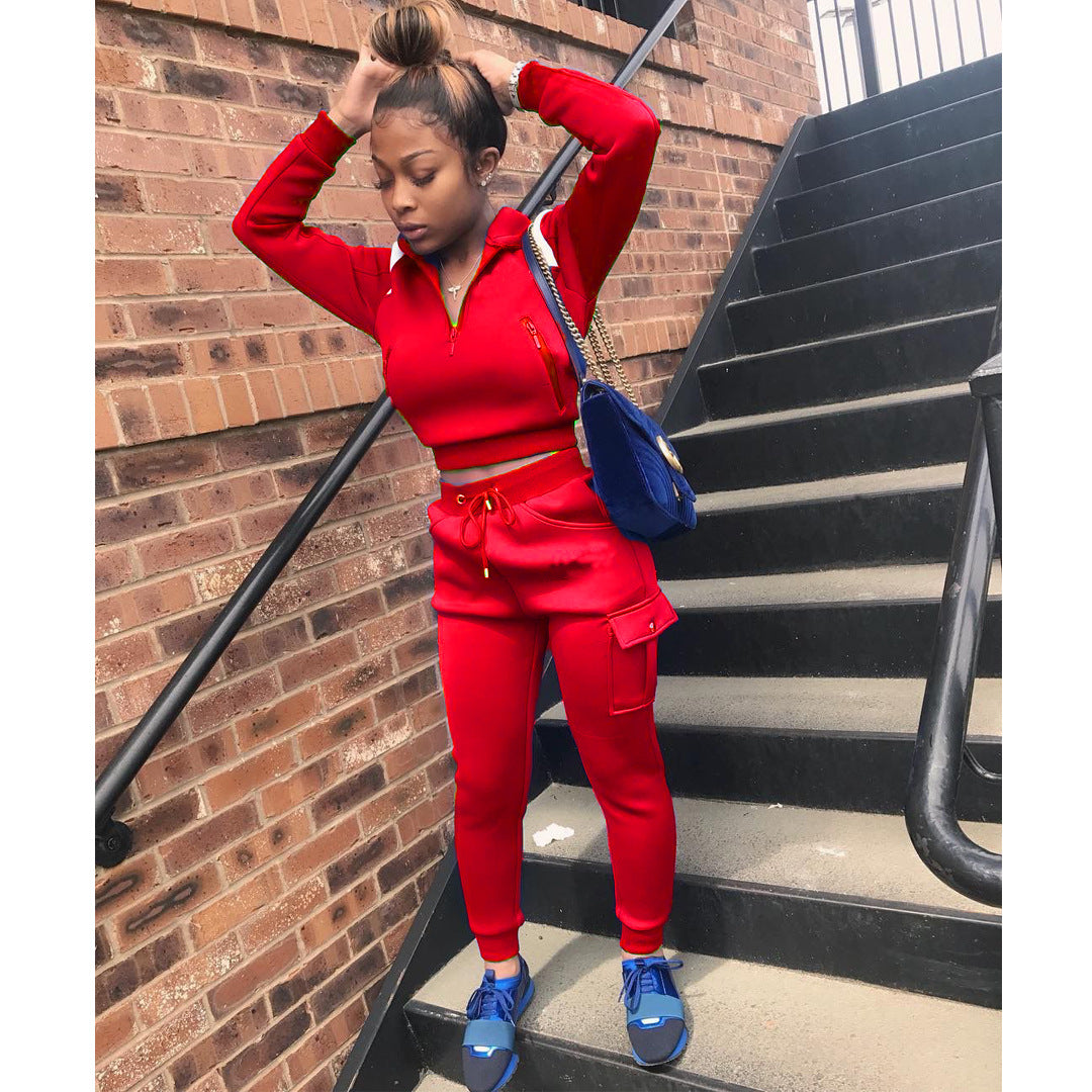 Autumn Winter Women's Color Block Hoodie Set