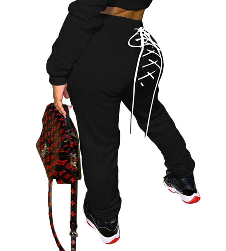 Solid Color Casual Eyelet Sweater and Sweatpants Set