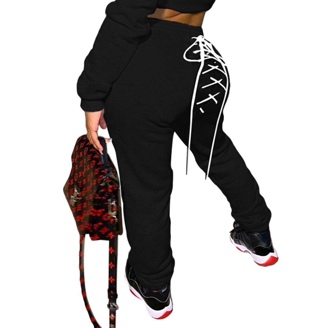Solid Color Casual Eyelet Sweater and Sweatpants Set