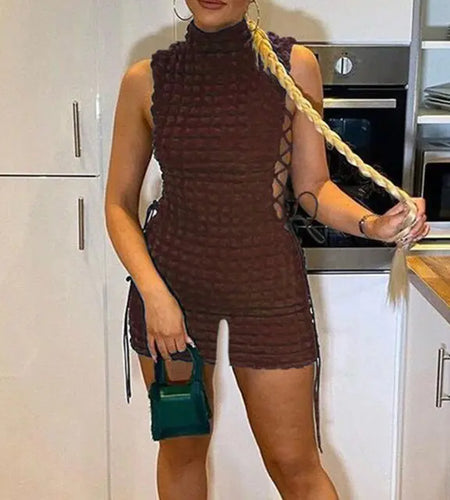 Fall Lace Up Side Hollow Out Seersucker Sleeveless