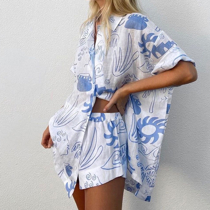 2023 Spring Summer Women's Printed Two-Piece Pajamas Set