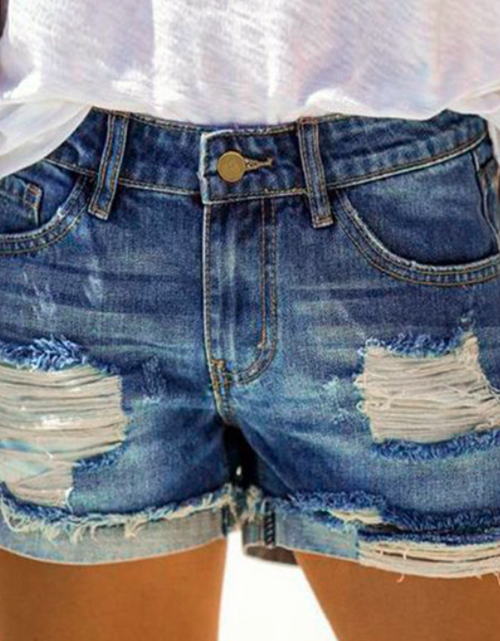 Load image into Gallery viewer, High Waist Ripped Denim Shorts with Patch Print
