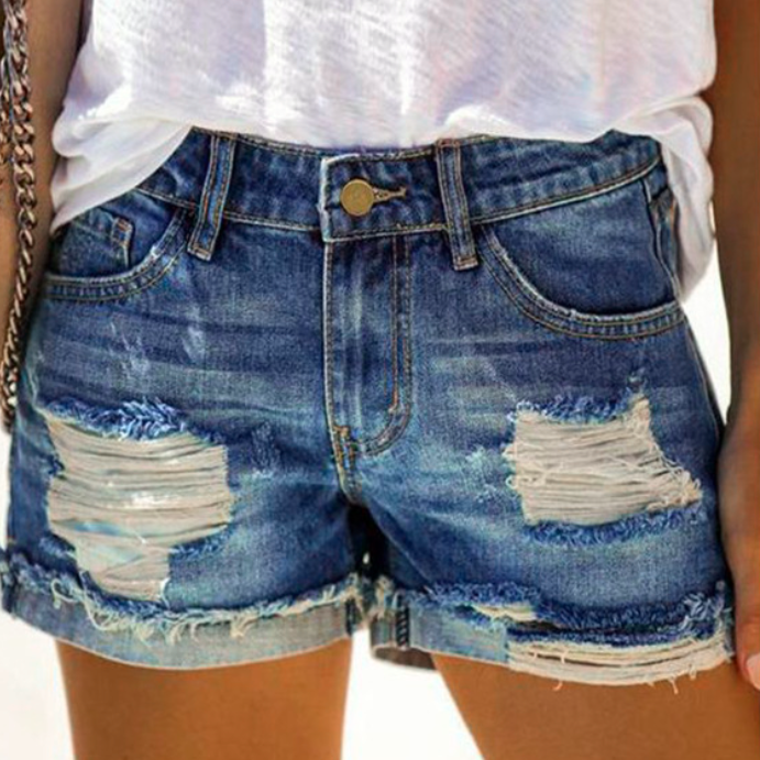 High Waist Ripped Denim Shorts with Patch Print