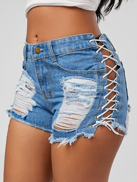 Denim Hot Pants with Eyelet Lace-Up Detail