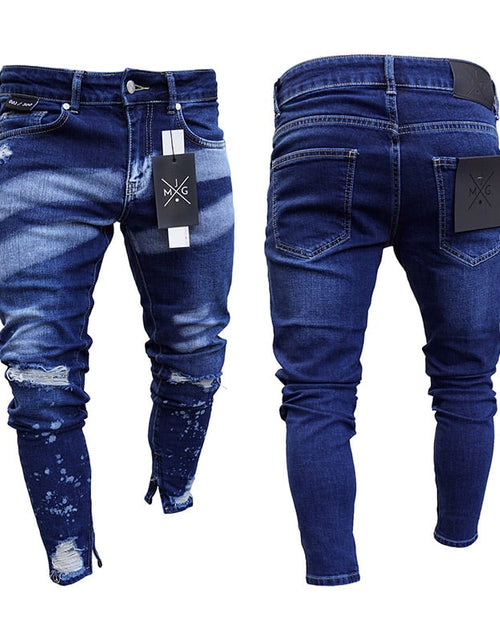 Load image into Gallery viewer, Painted Ripped Denim Pants with Zipper Detail
