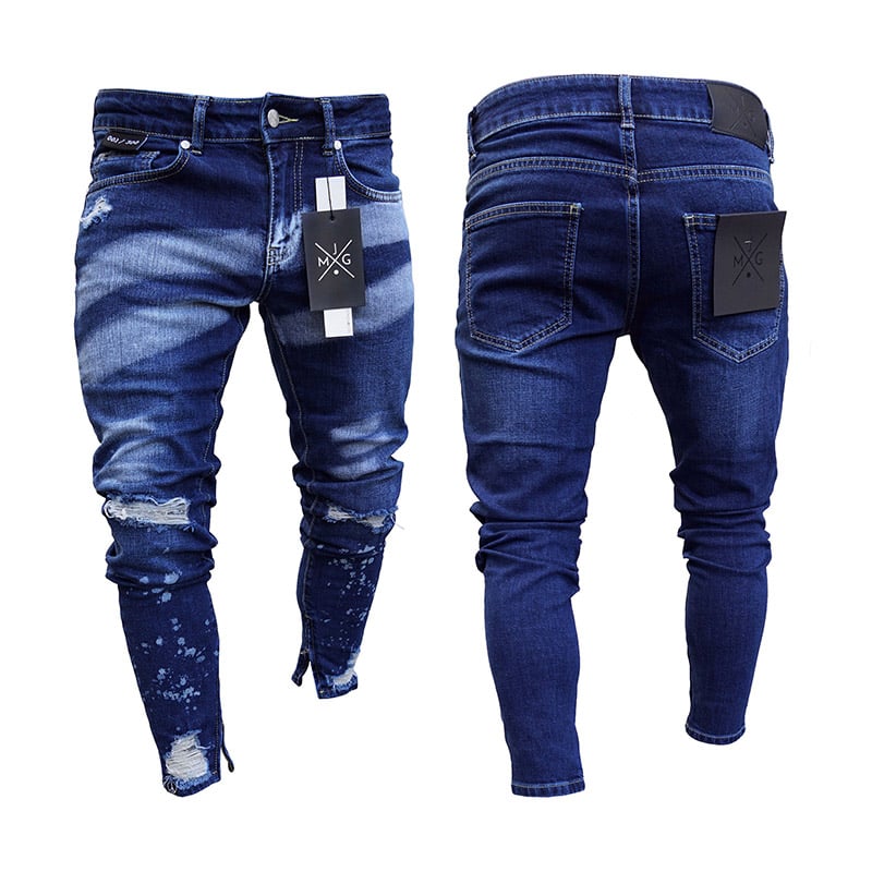 Painted Ripped Denim Pants with Zipper Detail