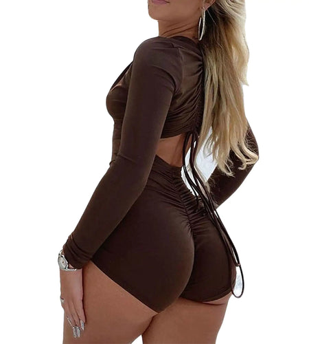 Deep V-Neck Hollow Out Romper: Sexy Backless Bodysuit