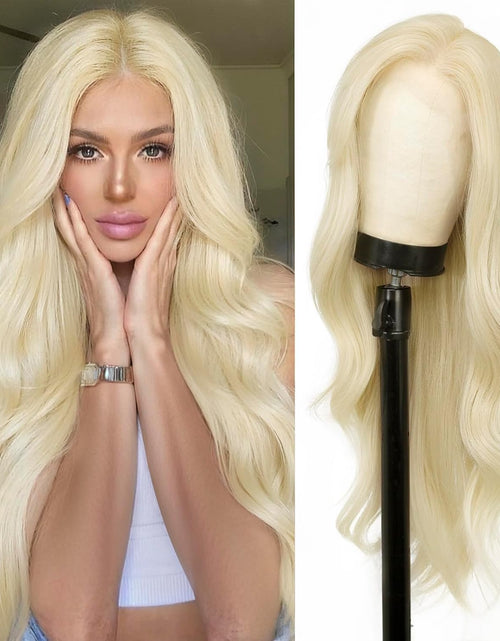 Load image into Gallery viewer, cuiud Blonde Lace Front Wig Synthetic Light Blonde Wavy Wig with Curtain Bangs 13X4 HD Long Layered Natural Blonde Wig PrePlucked Glueless Wig Lace Wig Platinium Blonde 28inch

