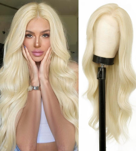 (Black Owned) Blonde Lace Front Wig Synthetic Light Blonde Wavy Wig with Curtain Bangs 13X4 HD Long Layered Natural Blonde Wig PrePlucked Glueless Wig Lace Wig Platinium Blonde 28inch