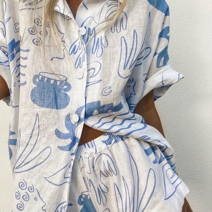 2023 Spring Summer Women's Printed Two-Piece Pajamas Set