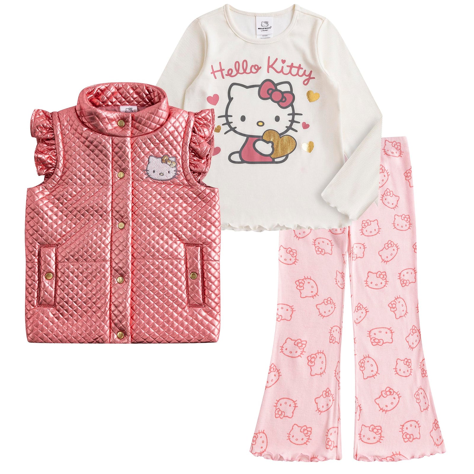 Hello Kitty Sanrio Girls 3 Piece Long Sleeve Shirt Quilted Vest and Flared Pants Set for Big Kids