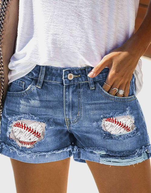 Load image into Gallery viewer, High Waist Ripped Denim Shorts with Patch Print
