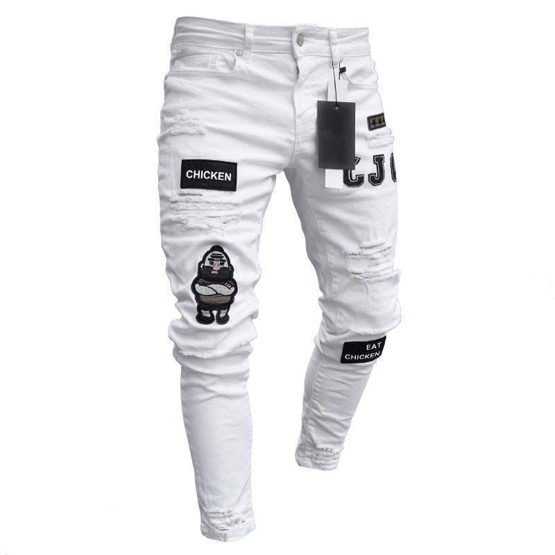 Men's Skinny Ripped Denim Pants with Patch Details