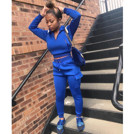 Autumn Winter Women's Color Block Hoodie Set