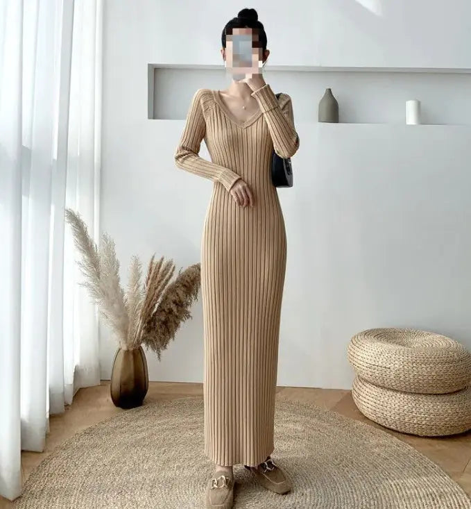 V-neck Knitted Dress Women's Slim Bottoming Shirt