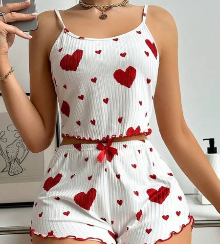 Heart Printing Suspender Shorts Casual Sunken Stripe Outerwear European And American Style Women Pajamas