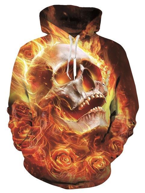 Yellow Flame Skull Print Hoodie for Couples (Loose Fit)
