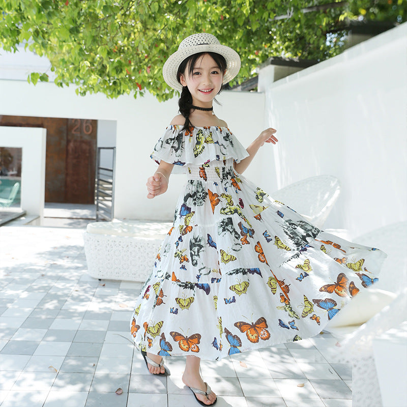 Girls' Bohemian Floral Butterfly Cotton Maxi Dress