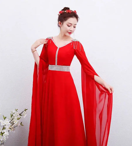 The Red Long Guzheng Performance Dress Is Elegant And Slim