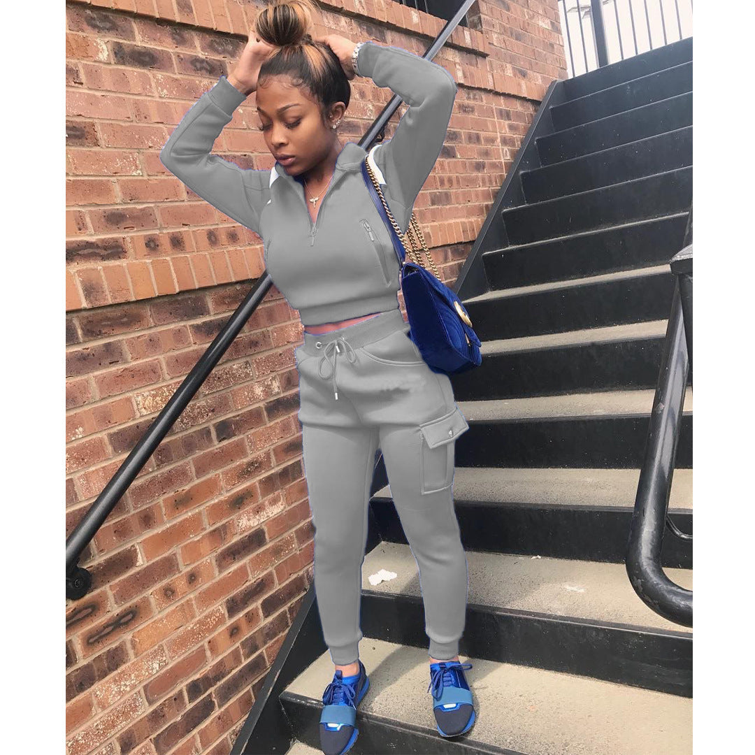 Autumn Winter Women's Color Block Hoodie Set