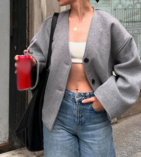 V-neck Long Sleeve Button Short Coat for Women