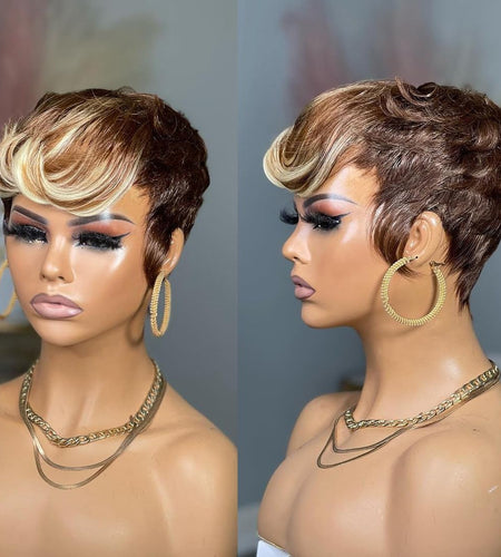 PangDongLai Short Layered Pixie Wigs for Black Women Pixie Cut Wigs Human Hair Wigs for Women Short Pixie Wigs with Bangs 4/4/613 Blonde Color Daily Use Glueless Wigs(4/4/613)