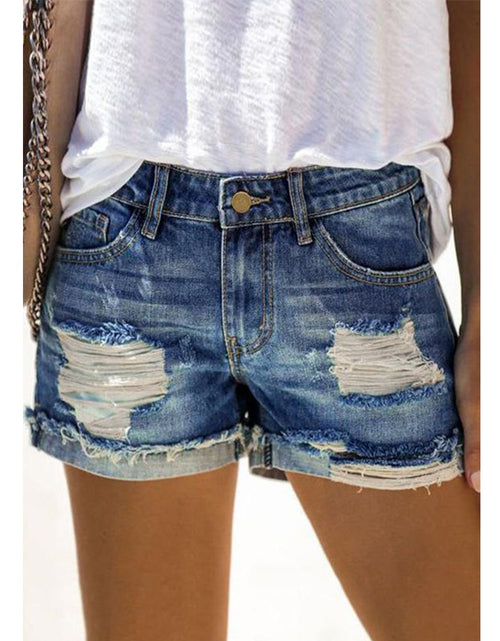 Load image into Gallery viewer, High Waist Ripped Denim Shorts with Patch Print
