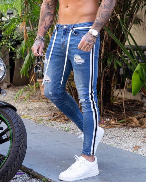 Men's Skinny Ripped Denim Pants with Patch Details