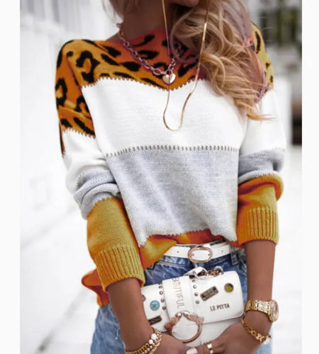 Casual Leopard Print Color-block Crew Neck Sweater
