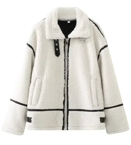 Women's Fashion Loose Patchwork Easy Matching Lambswool Jacket