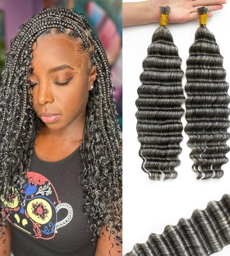 (Black Owned) Grey Braiding Hair Deep Wave Bulk Human Braiding Hair 2 Bundles/Pack 100g Curly Hair for Boho Braids 12A Salt And Pepper Braiding Human Hair No Weft Wet and Wavy Gray Braiding Hair 18In