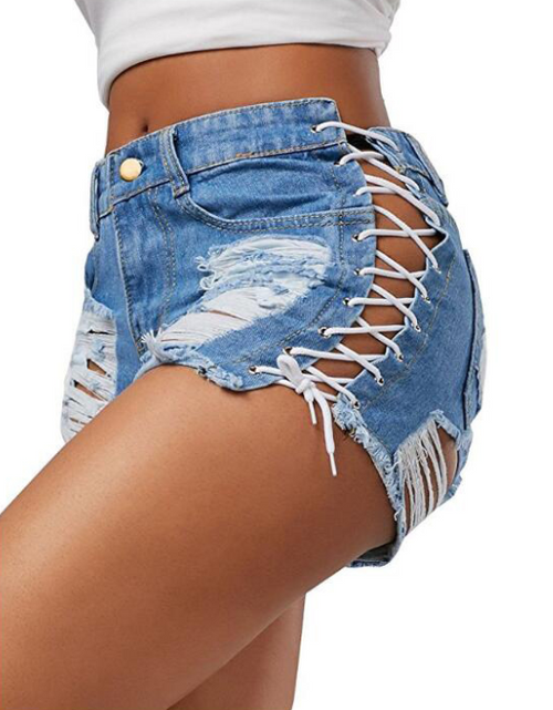 Load image into Gallery viewer, Denim Hot Pants with Eyelet Lace-Up Detail
