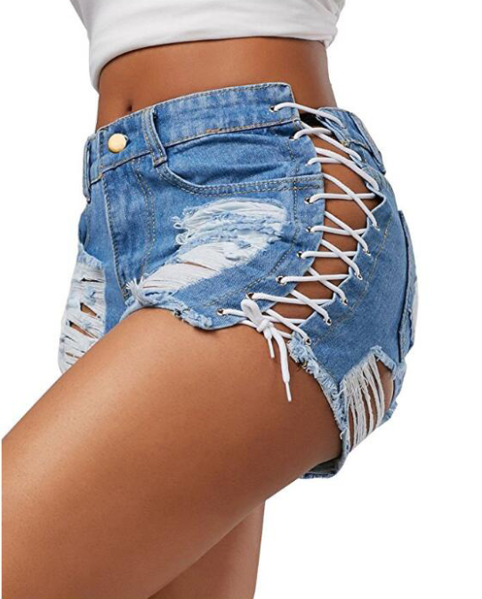 Denim Hot Pants with Eyelet Lace-Up Detail
