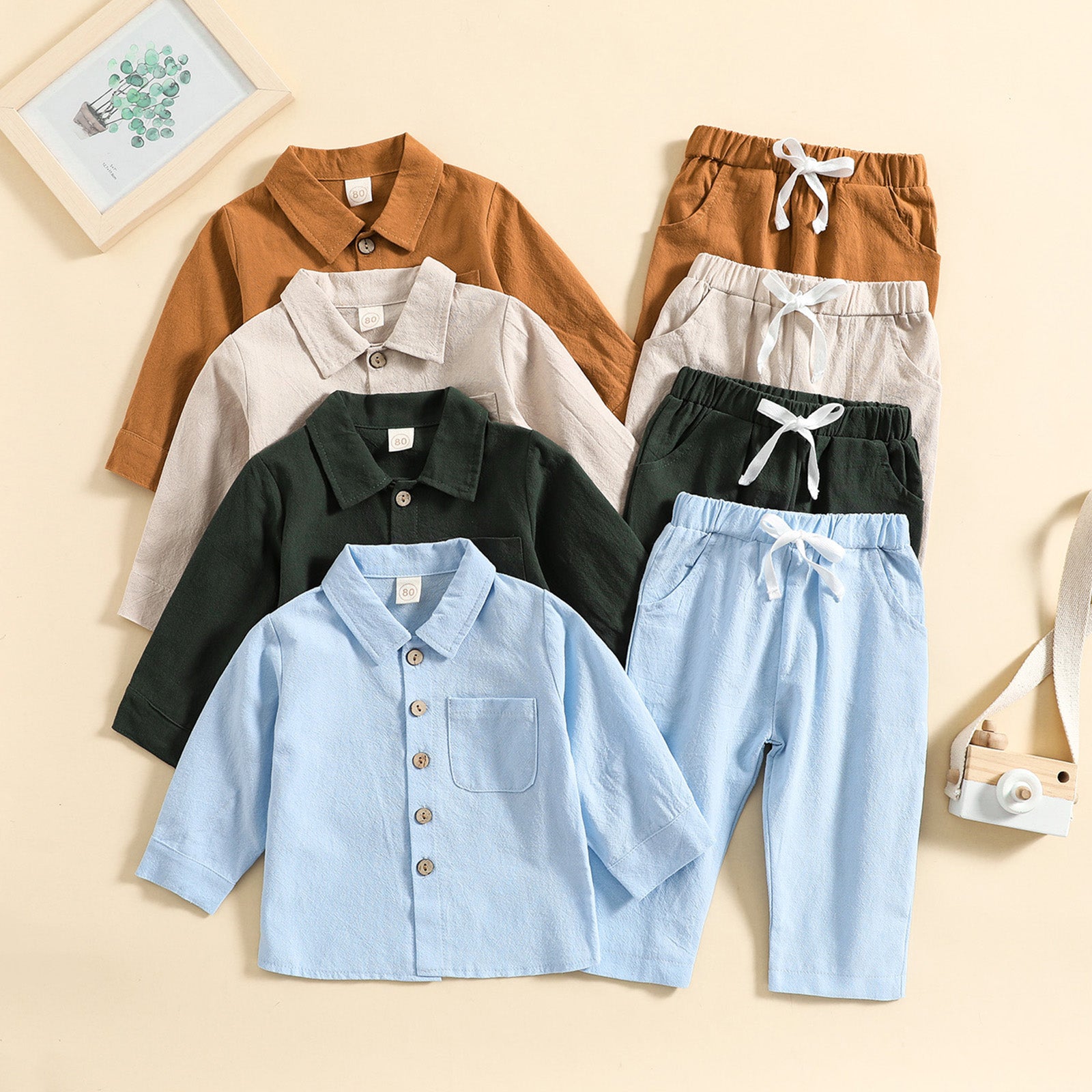 Boys' Cotton Linen Standing Collar Casual Outfit Set