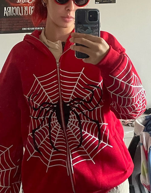 Load image into Gallery viewer, Autumn Winter Spider Web Printed Full Zip Hoodie
