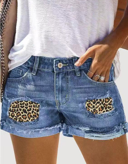 Load image into Gallery viewer, High Waist Ripped Denim Shorts with Patch Print
