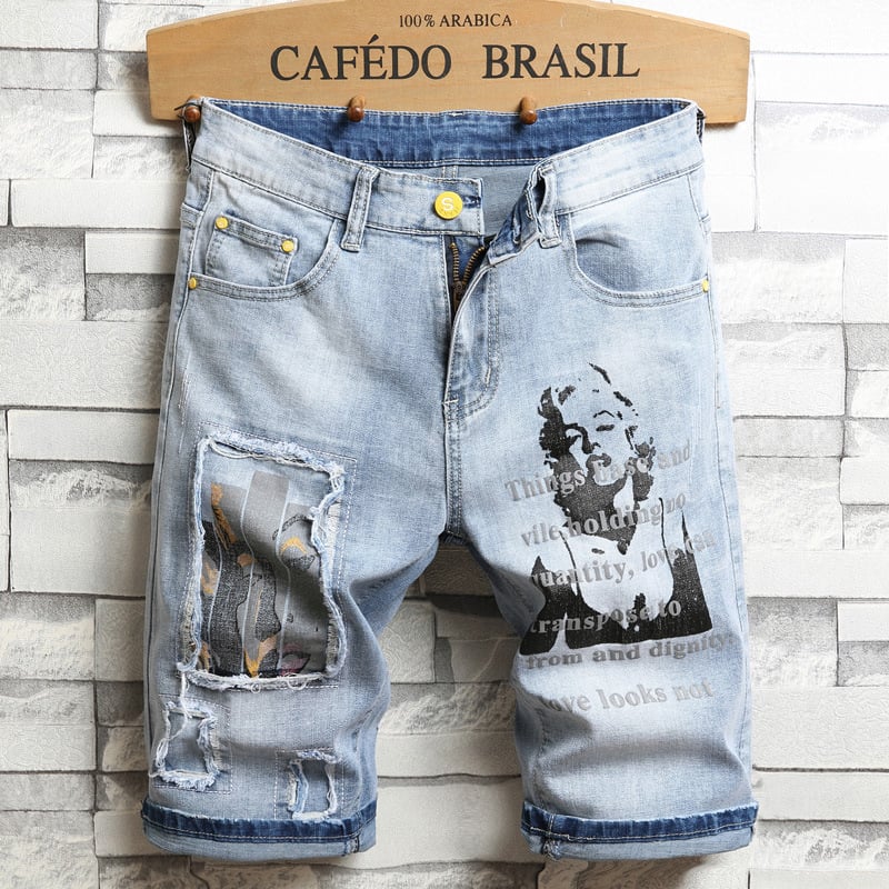 Loose Ripped Denim Shorts with Patch Details