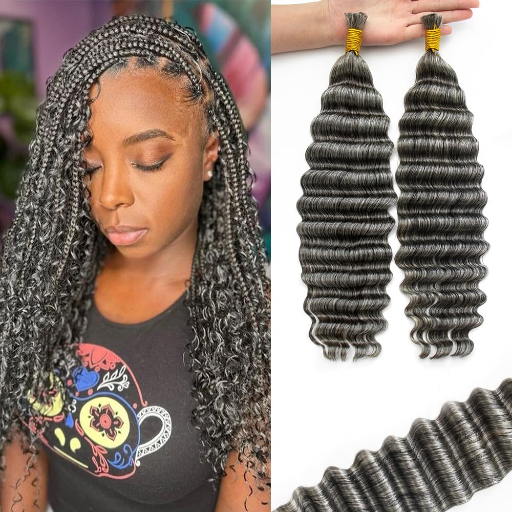 KRN Grey Braiding Hair Deep Wave Bulk Human Braiding Hair 2 Bundles/Pack 100g Curly Hair for Boho Braids 12A Salt And Pepper Braiding Human Hair No Weft Wet and Wavy Gray Braiding Hair 18Inch