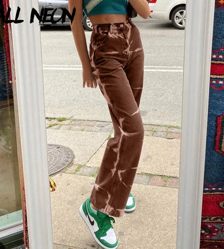 ALLNeon Vintage Tie Dye High Waist Jeans: Y2K Aesthetics Brown Denim Trousers