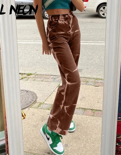 Load image into Gallery viewer, ALLNeon Vintage Tie Dye High Waist Jeans: Y2K Aesthetics Brown Denim Trousers
