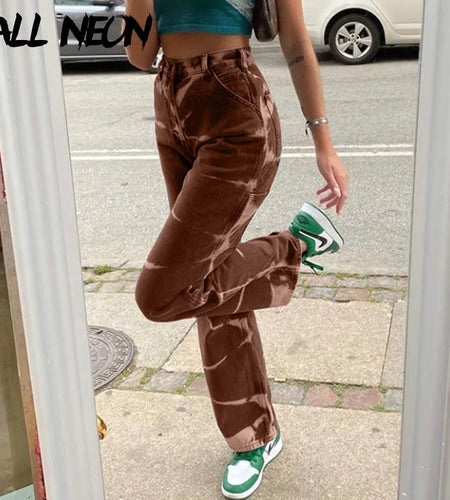 ALLNeon Vintage Tie Dye High Waist Jeans: Y2K Aesthetics Brown Denim Trousers