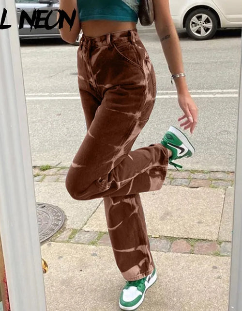 Load image into Gallery viewer, ALLNeon Vintage Tie Dye High Waist Jeans: Y2K Aesthetics Brown Denim Trousers
