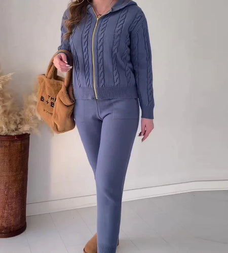 Solid Color Thick Rope Twist Zipper Hooded Casual Sweater Suit