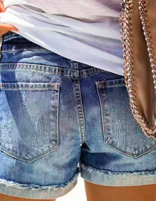 Load image into Gallery viewer, High Waist Ripped Denim Shorts with Patch Print
