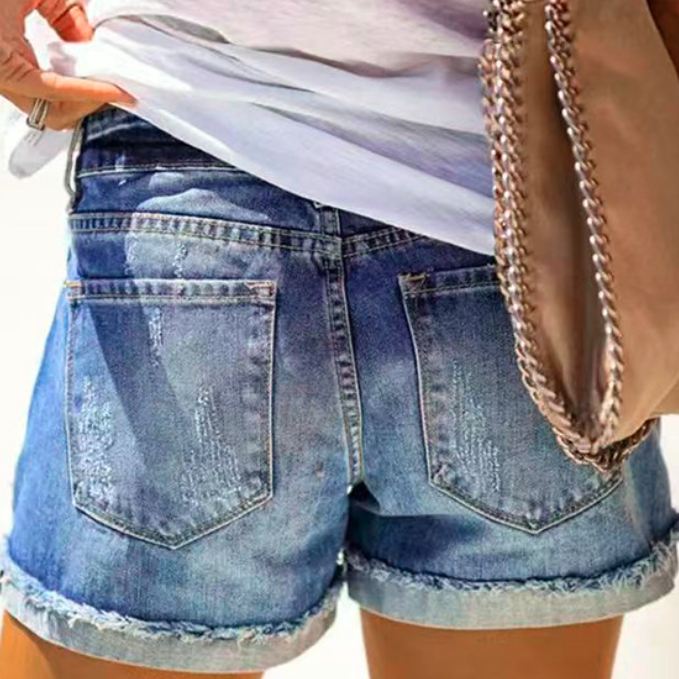 High Waist Ripped Denim Shorts with Patch Print