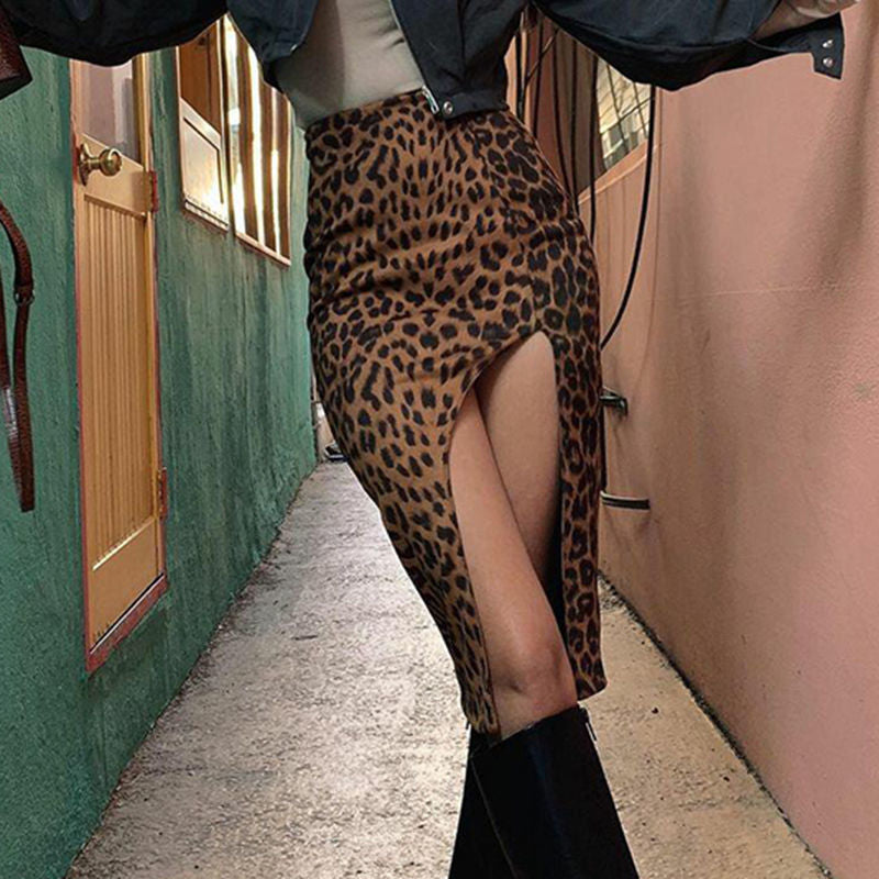 Leopard Print High Waist Split Skirt for Women