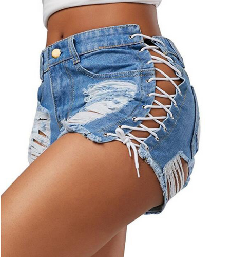 Denim Hot Pants with Eyelet Lace-Up Detail